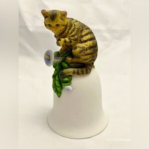 Vintage Porcelain Bell with Striped Cat and Flowers, EUC